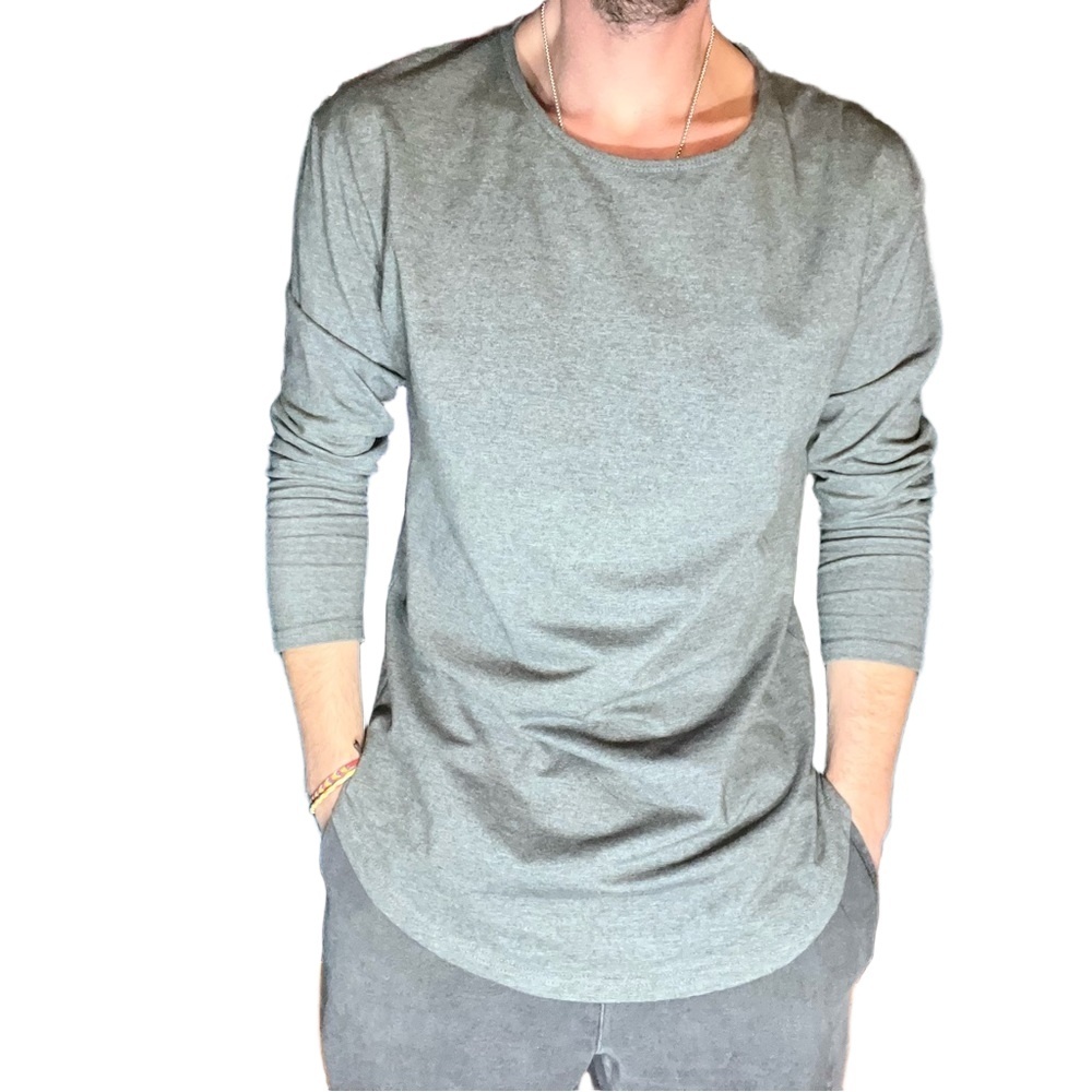 TF Mens Gray Crew Neck Long Sleeve Curved Hem Raised Logo Athletic Shirt